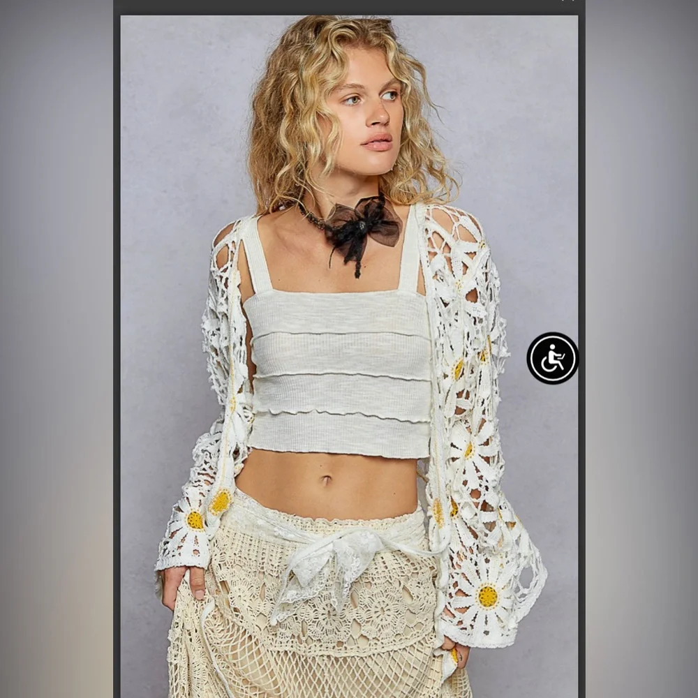 White Crochet Cardigan with Yellow Daisy Accents - Picture 2 of 5